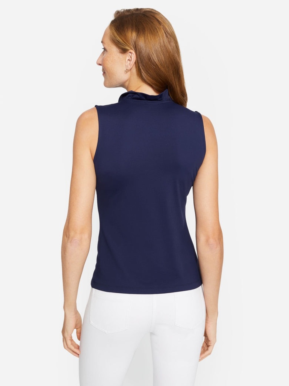 J.McLaughlin Durham Sleeveless Ruffle Top Winter Navy Blue Catalina Cloth Sz S - Picture 3 of 10